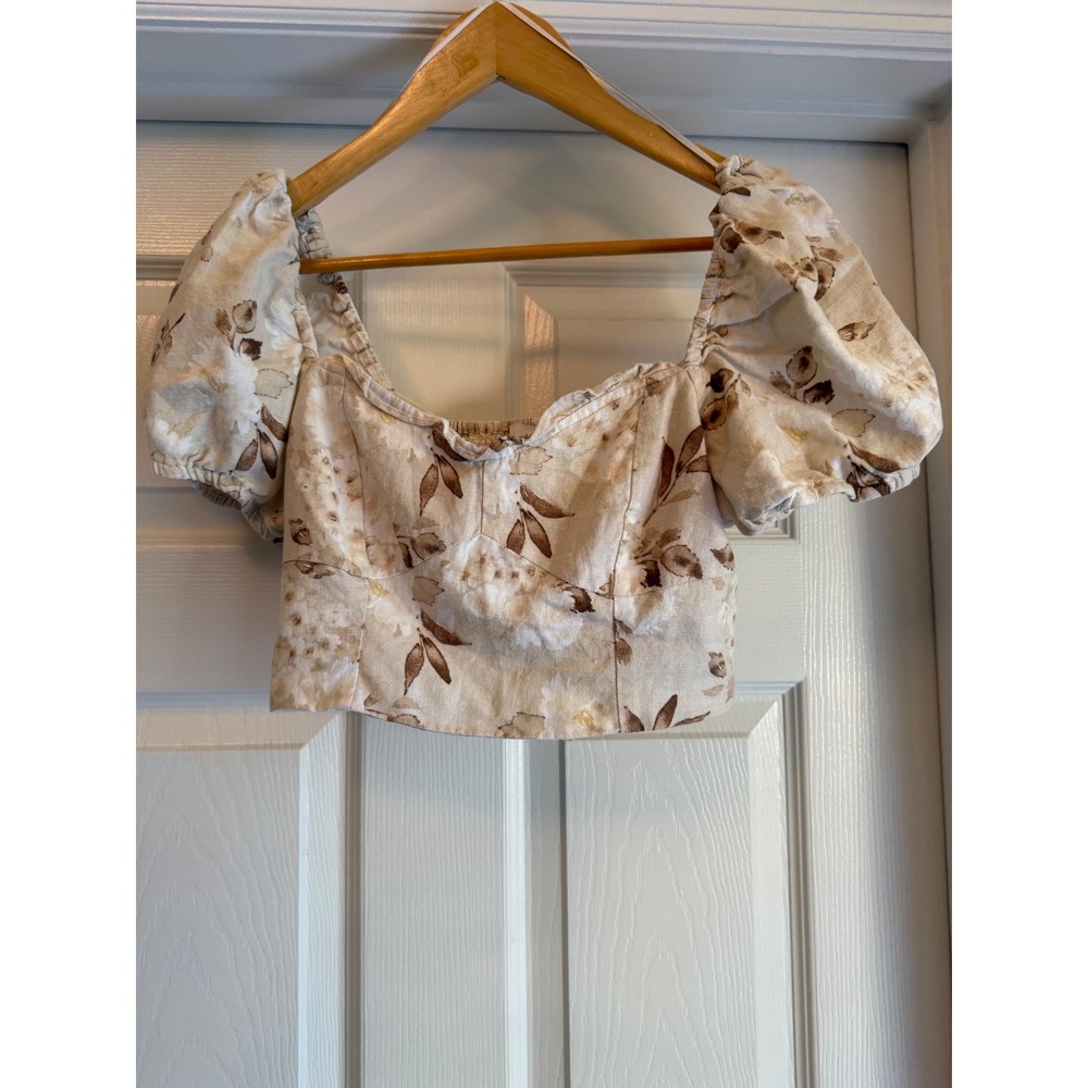 House of Harlow 1960 Crop Top Women 4 Cream Floral Linen Puff Sleeve Sweetheart